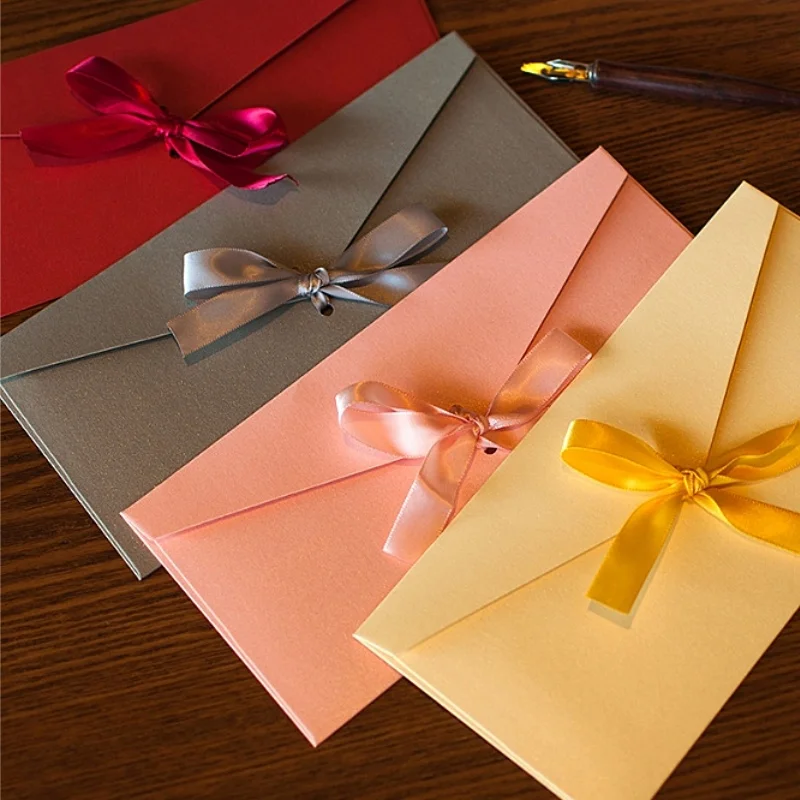 

10Pcs/Set Retro Pearlescent Paper Envelope Bow Thick Ribbon Creative Color Greeting Card Bags for Wedding Invited Gift Postcards