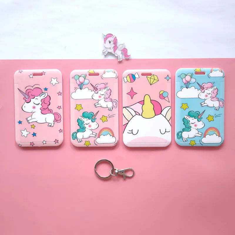 Unicorn Cartoon PVC Card Cover Student Campus Hanging Neck Bag Card Holder Lanyard ID Card Holders key chain