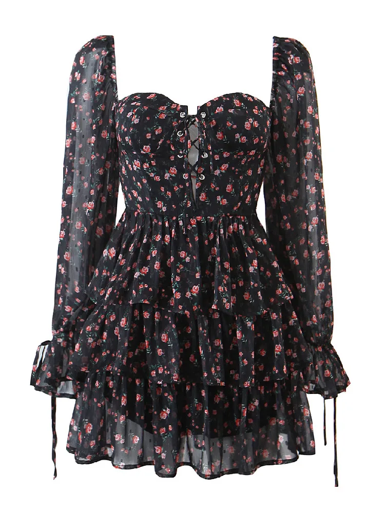 2022 Women Sexy Cross Bandage Black Flower Print Puff Long Sleeve Dress 3  layer Wood Ears Ruffles Hem Cake Mini Holiday Robe - AliExpress 200000345