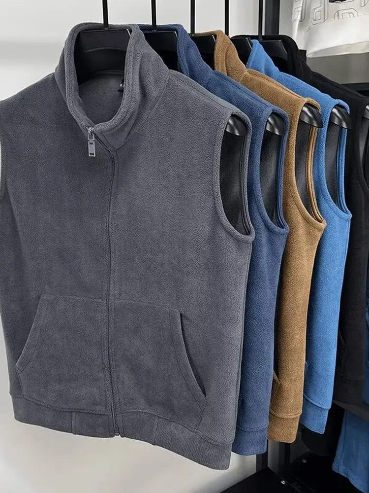 Thickened Double-Sided Fleece Stand-Collar Vest Men's Jacket Sleeveless Warm Autumn Winter Fashion Zipper Closure  Color