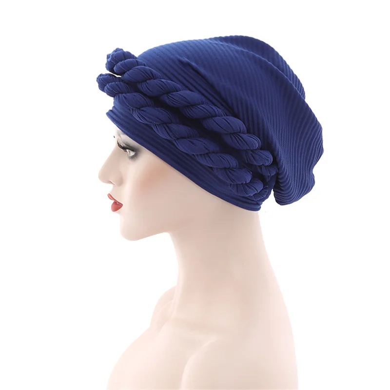 Solid Color Double Braids Turban Caps for Women Rippled Muslim Headwear Braid Hat Islamic Female Head Wrap Bonnet Turbante Mujer