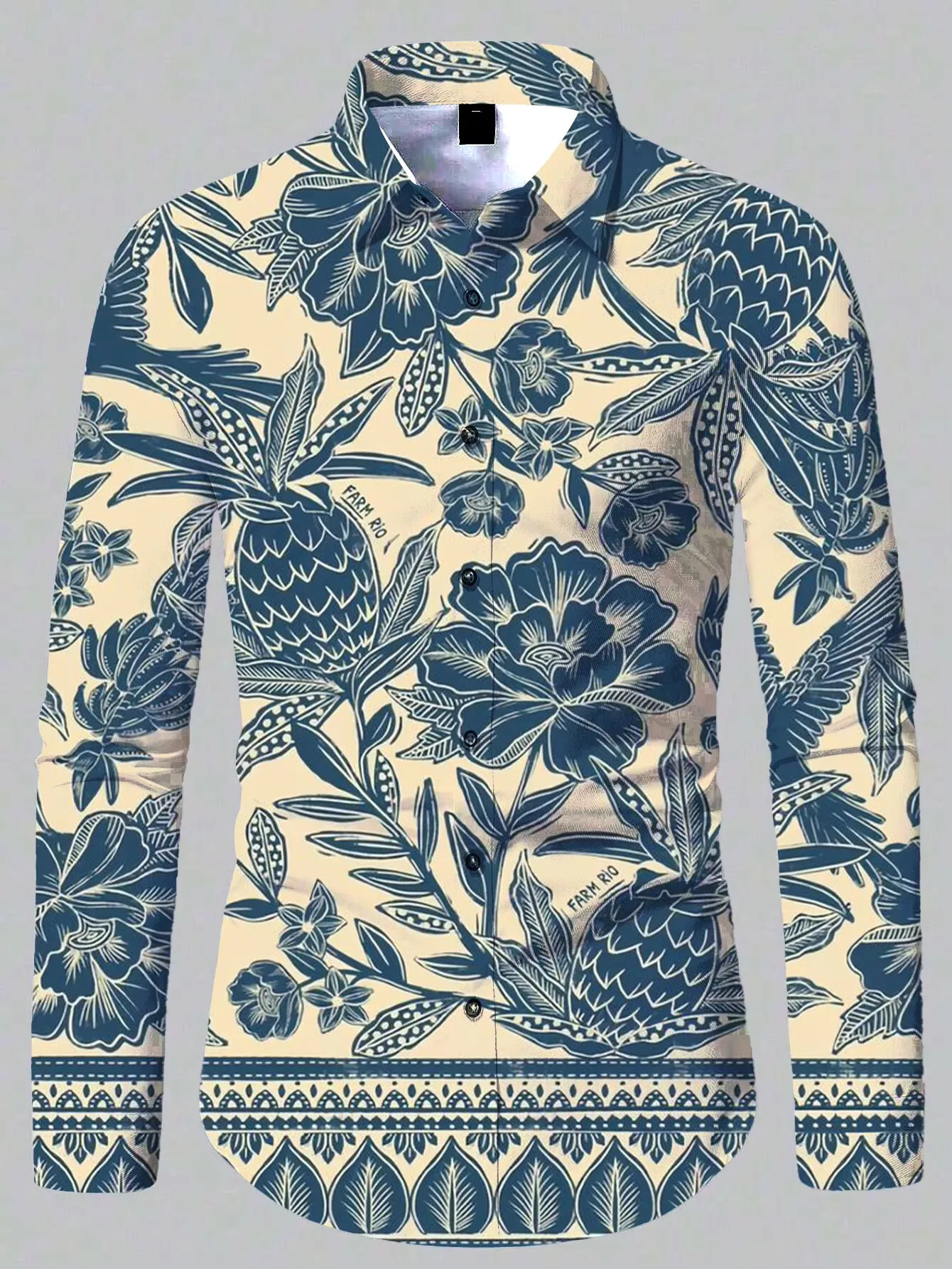 2025 men's fashionable blue series retro tree pattern button comfortable casual long sleeved shirt popular in Europe and America