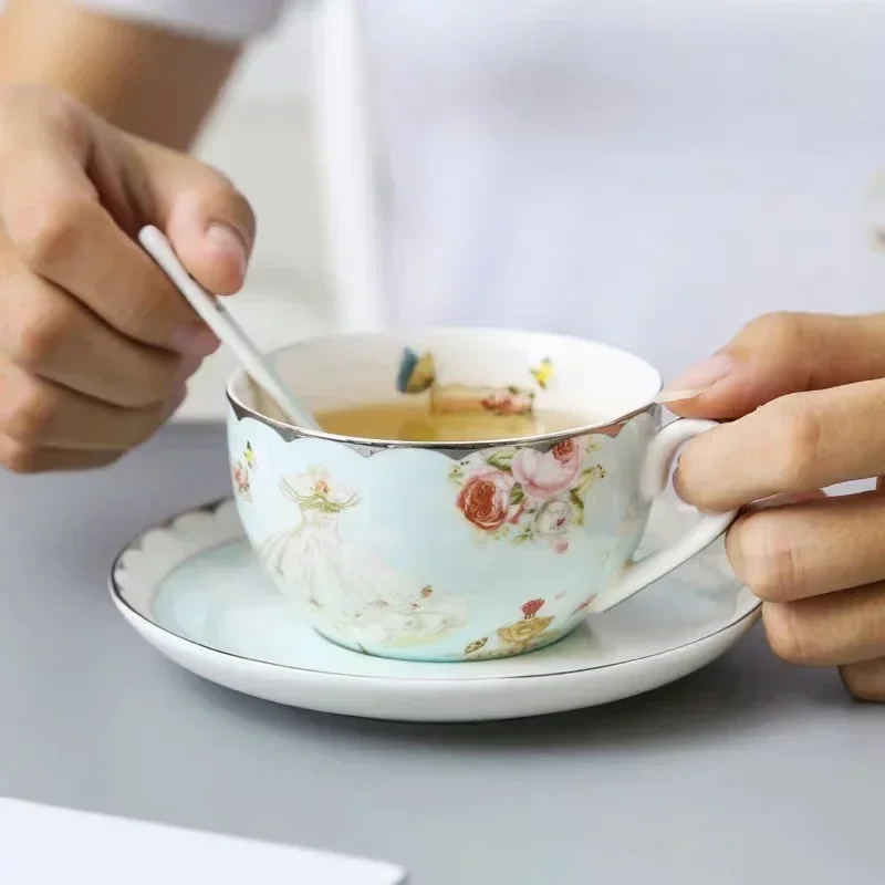 Romantic European Coffee Cup Saucer Set, Creative Ceramic Cup, Advanced Valentine Flower Tea Teacup Gift, Porcelain Drinkware