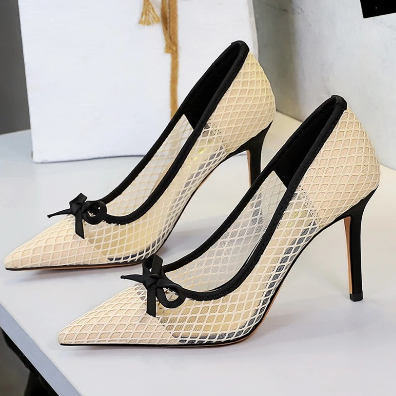

Lace Mesh Designer Elegant High Heels Women Sexy Pointed Toe Bowknot Thin High Heeled Evening Pumps Comfort Autumn Women's Shoes