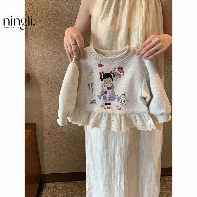 

Girls' Outfit New Fashionable Children's Stylish Lace Sweatshirt Baby Girl Casual Versatile Denim Two-Piece Set