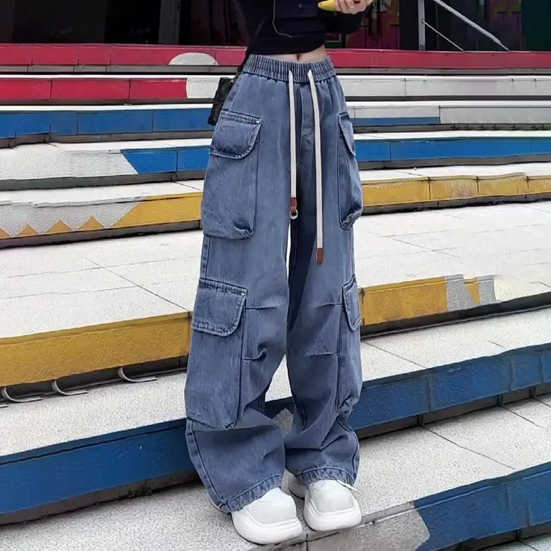 

American retro high-waisted elastic-waisted straight-leg multi-pocket overalls women's spring 2025 new soft jeans