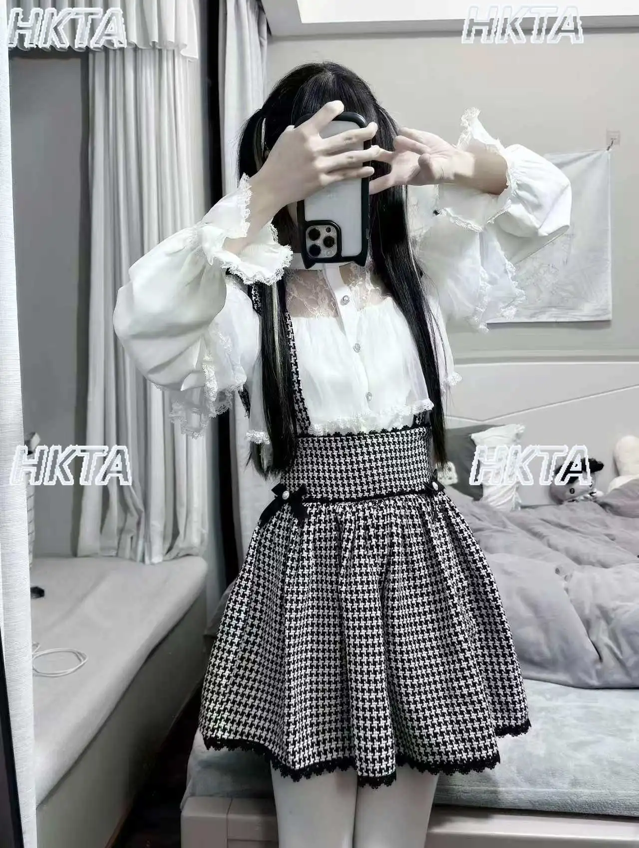 Japanese Summer Sweet Cute Lace Petal Long Sleeved Chiffon Shirt Top Lolita Thousand Bird Grid High Waist Skirt White Suit Women