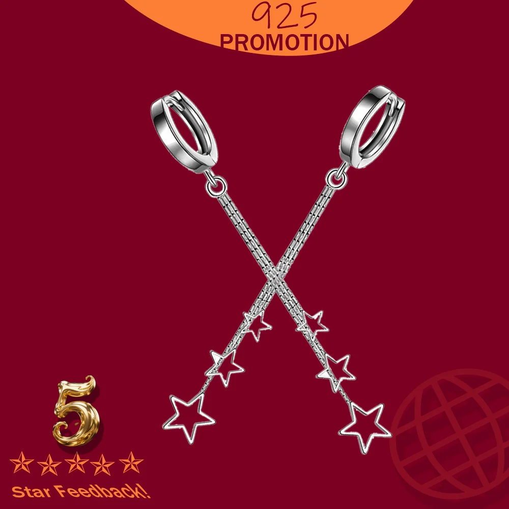 

925 Sterling Silver Party Jewelry Beautiful Long Tassel Earring Elegant Popular Three Stars Hoop Earrings For Women