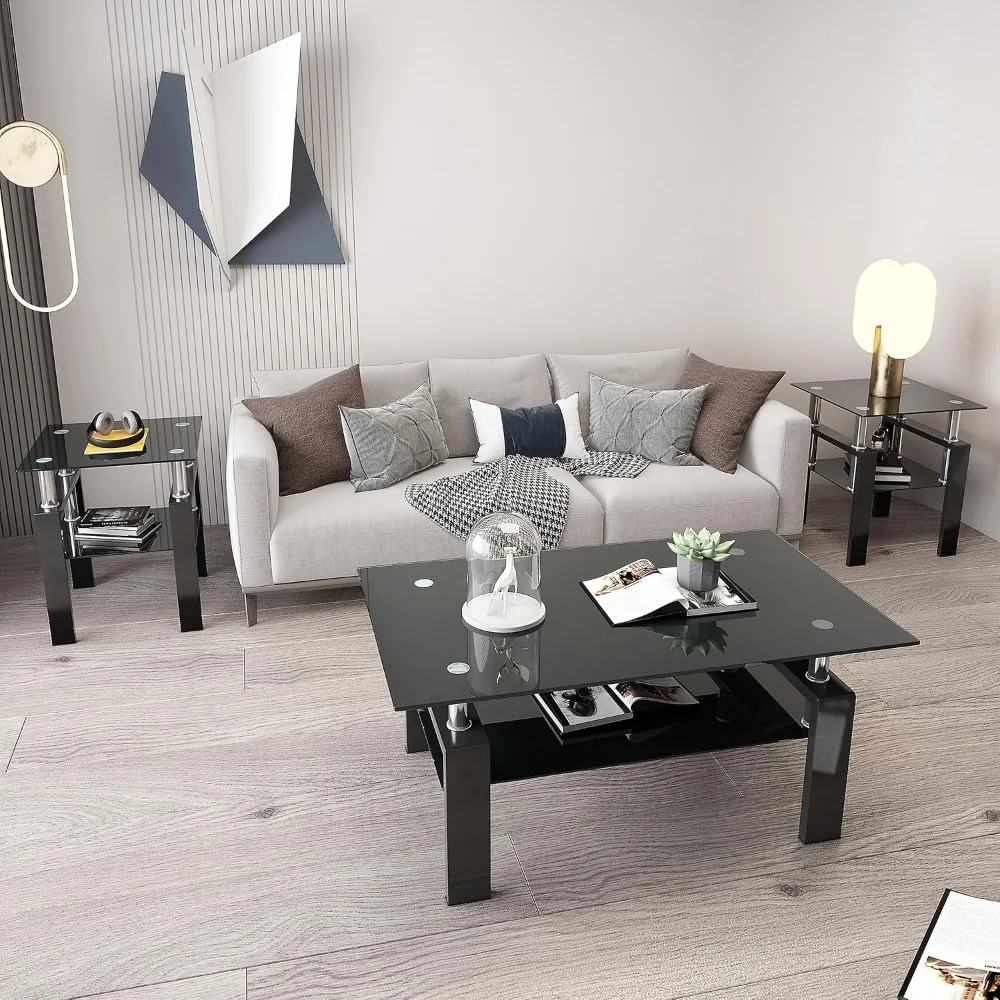 3-Piece Living Room Furniture Set: Glass Coffee Table and Metal End Tables