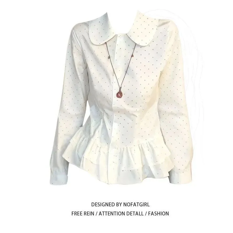 plus Size Women's Gentle Floral Print Long Sleeve Shirt Baby Doll Collar Hem Slimming Versatile Top Polyester Fiber Skirt