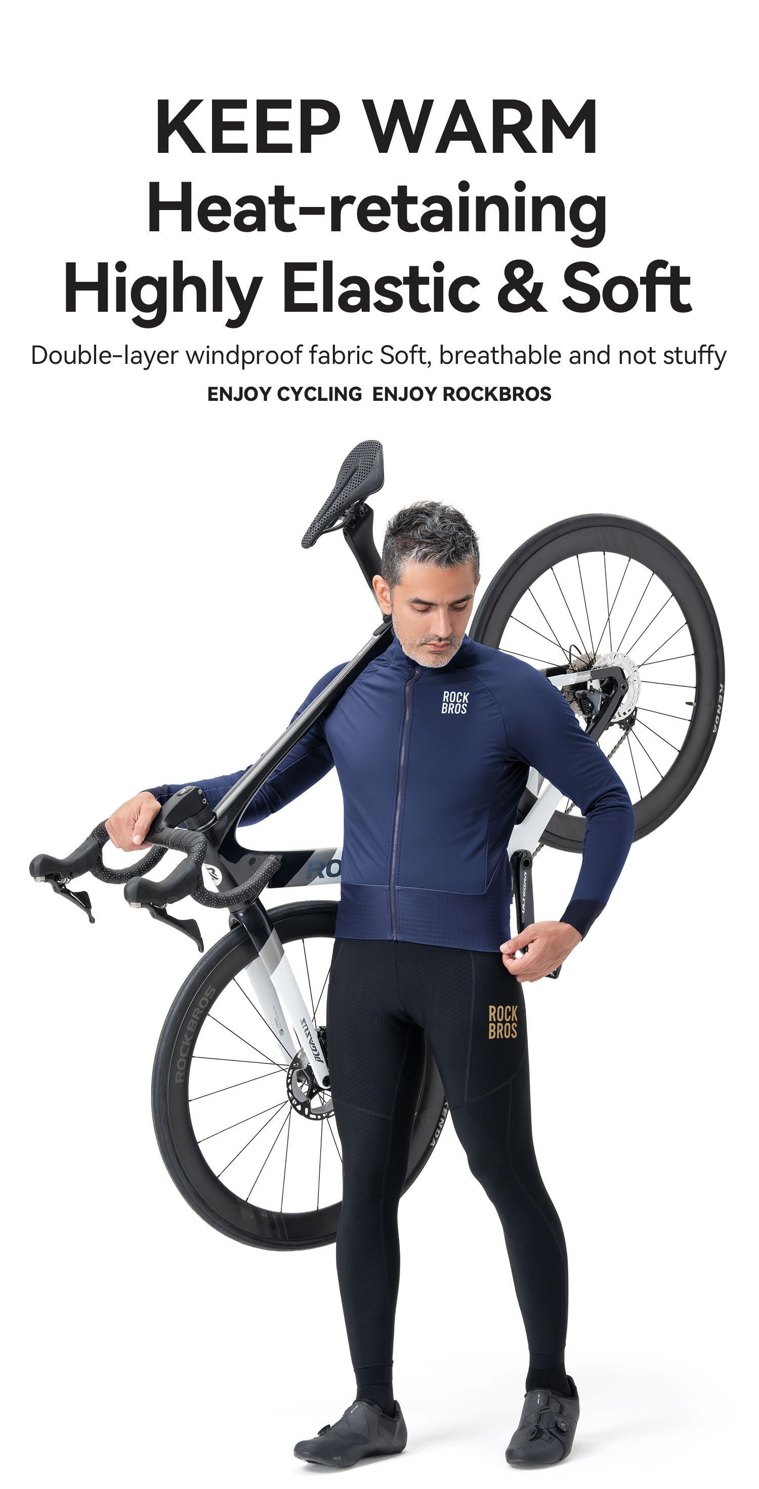 ROCKBROS Winter-Fleece-Fahrradjacke für Herren, winddicht, doppellagig, Thermo-Fahrradtrikot mit Rückentaschen, reflektierende Fahrradjacke – Detail 1