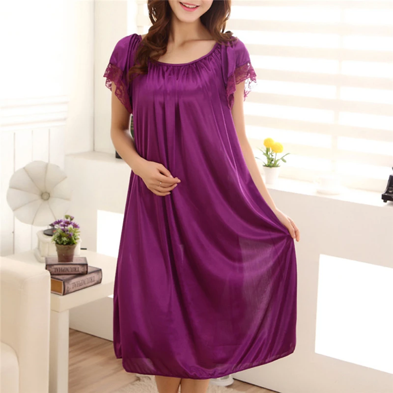 Women Night Gowns Sleepwear Lace Patchwork Nightwear Long Sleeping Dress Casual Ladies Home Dressing