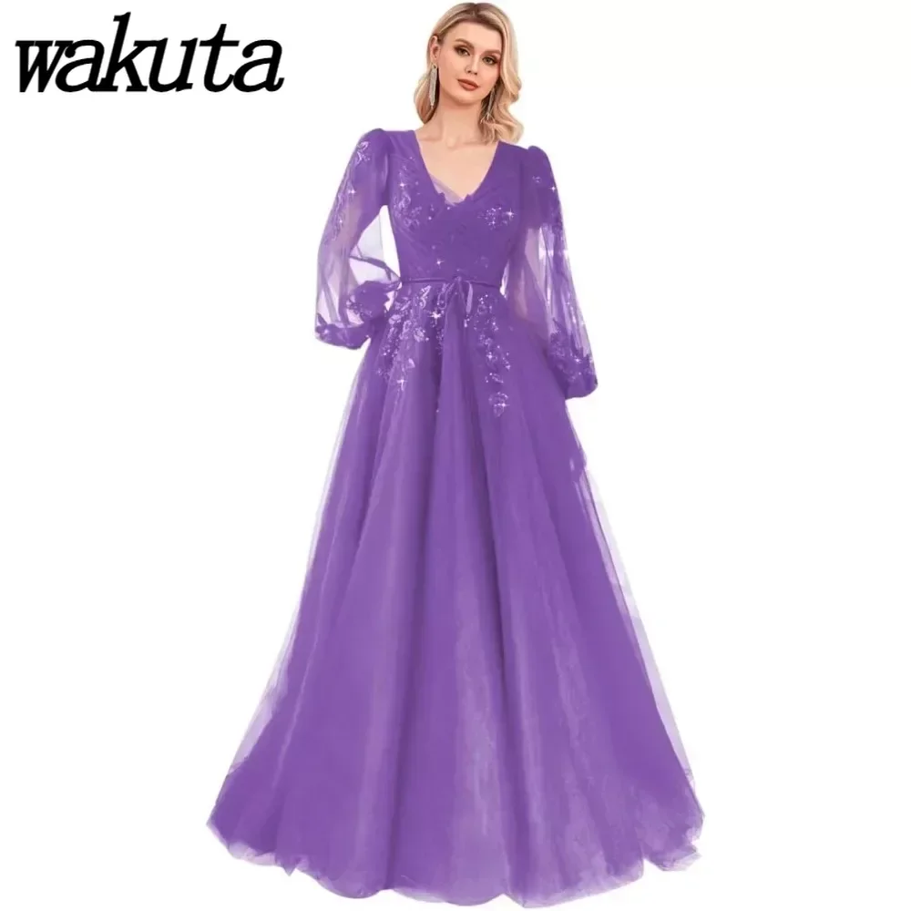 Wakuta-Robe de Bal à Manches sulfet Col en V pour Femme, Tenue de Soirée Formelle en Tulle à Paillettes