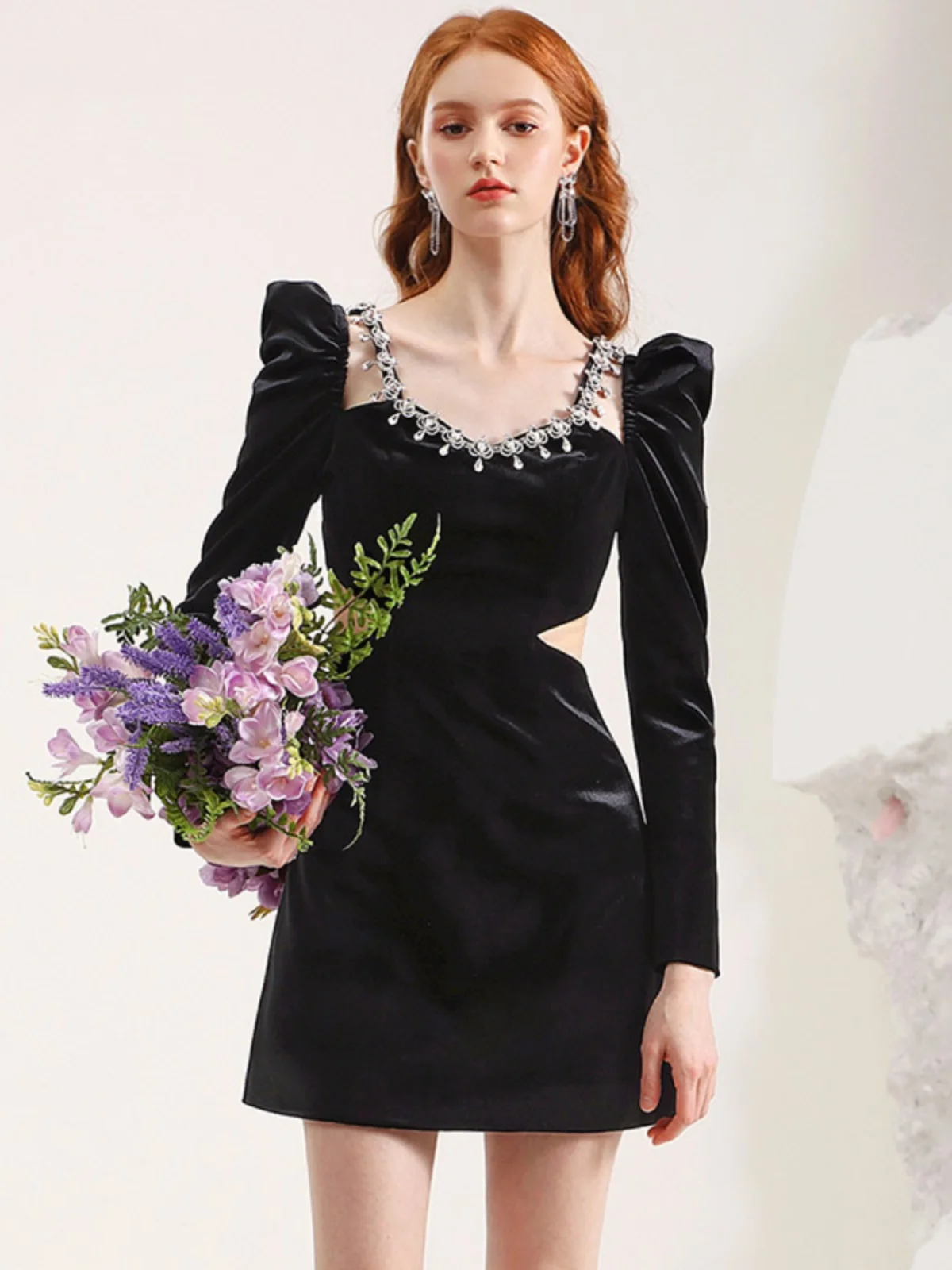 

Вечернее платье из бархата с высоким воротником и длинными рукавами, А-силуэт, на молнии, для дня рождения