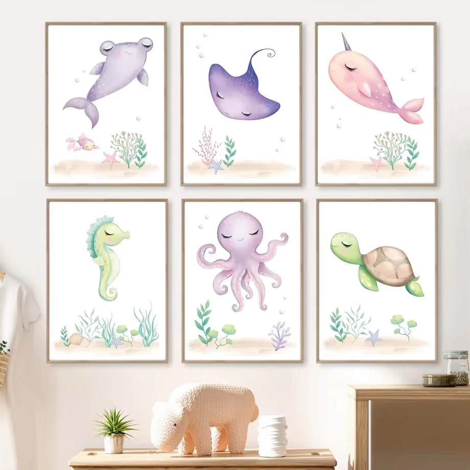 Whale Octopus Poster Jellyfish Seahorse Turtle Nursery Wall Art Canvas Painting Nordic Baby and Children's Room Decoration Mural