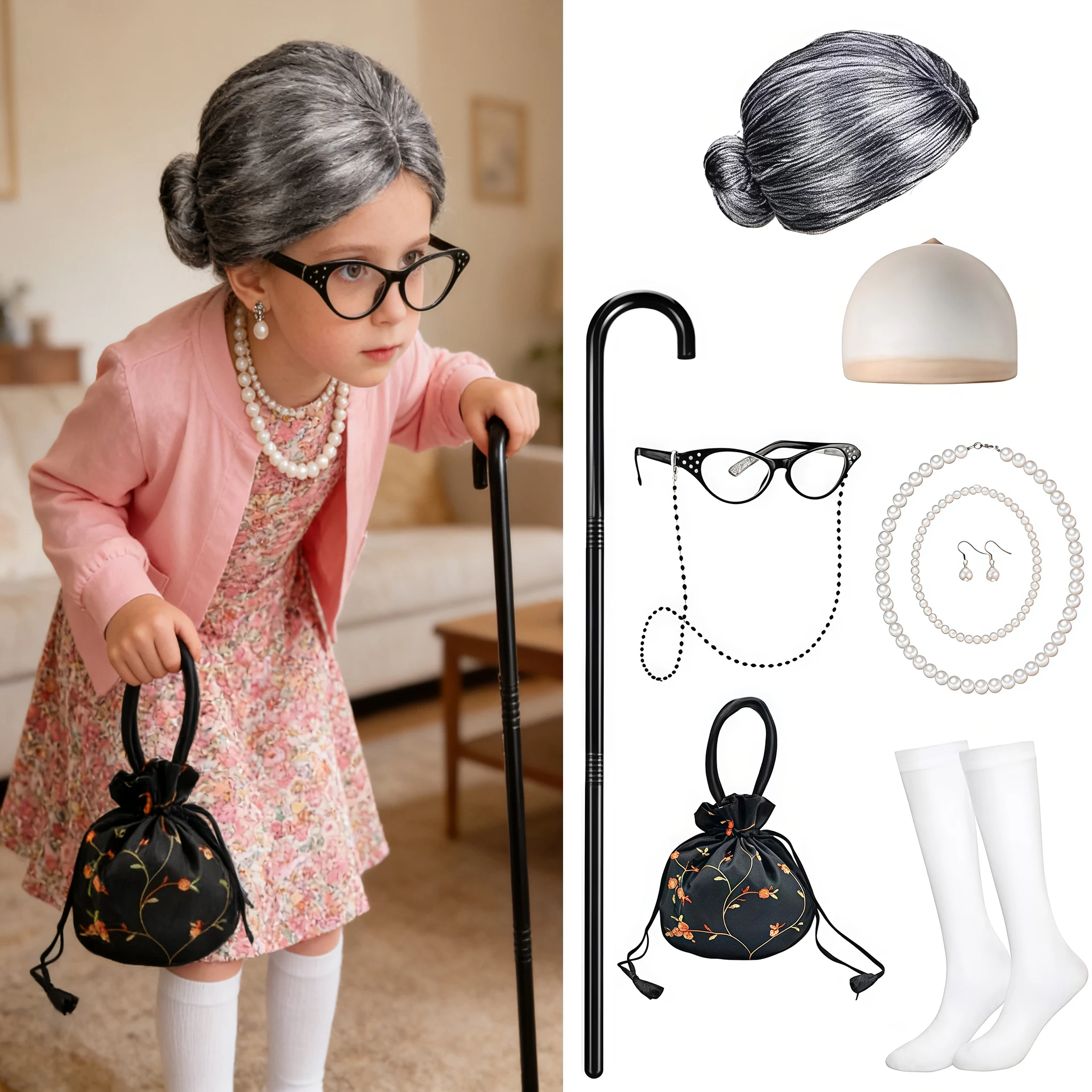 

Костюм старой леди для детей 100-дневного школы, парик бабушки, ожерелье, серьги, очки, носки, сумка, комплекты для девочек, бабушкиное платье