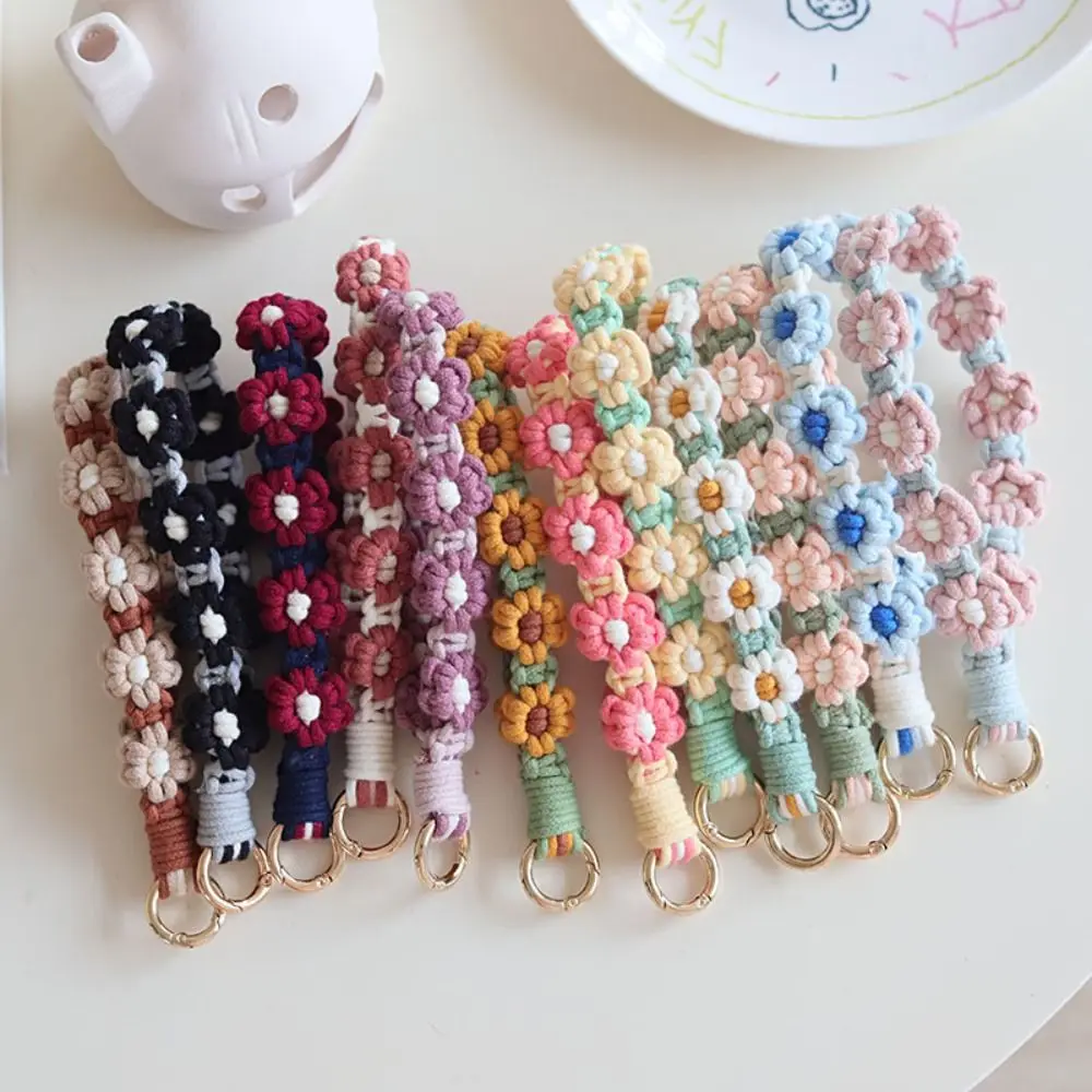 

Korean Style Boho Phone Case Rope Phone Wristband Bag Hanging Weave Daisy Flower Keychain Keyring Bag Pendant