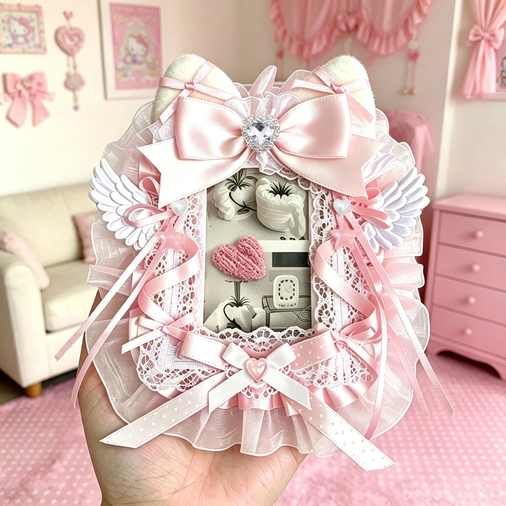 Plush Cat Ear Polka Dot Ribbon Angel Wing Lace Photocard Display Card Holder Lolita Bow 3 Inch KPOP Photocard Decor Border Macaron Color Polaroid Photo Frame Idol Collection Itabag Decor Ornament photocard topper view 6