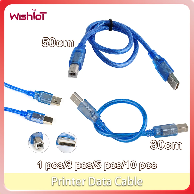 USB 2.0 Square Port Connection Cable Printer Data Cable Extended To USB Square Port 30cm/50cm for UNO 2560 Transparent Blue