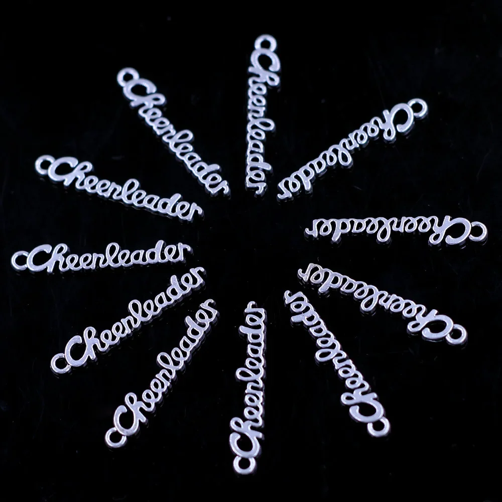 150Pcs Pendants Letters Cheerleader Carved Hollow Silver Tone For Charm Bracelets Jewelry DIY Findings 27x5mm