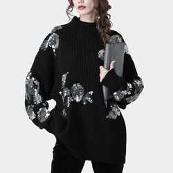 Luxury Brand Designer Runway Sweater Women Winter Elegant Flowers  Sequins Beaded Bat Sleeve Loose High Collar Warm Knitted Tops
