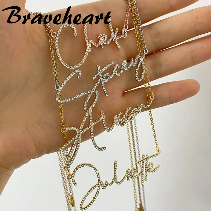 Personalized Customized Name Necklace With Full Zircon For Men Women Sparkling Stainless Steel Cursive Nameplate Jewelry Gifts