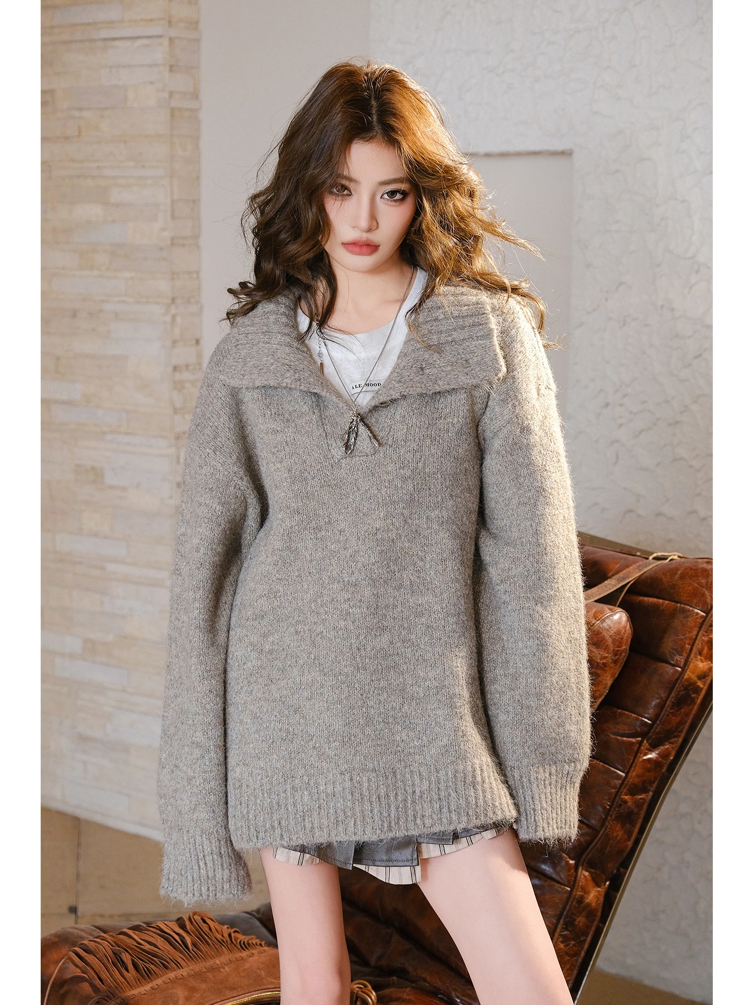 

MIUCO Lazy Loose Knitted Wool Sweater Button f Open Collar oulder Drop Sve Warmth Women's Faion Winter Long Sve