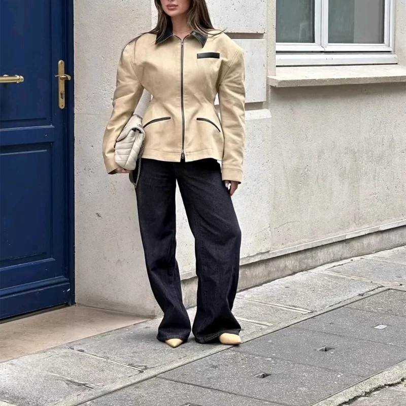 خريف جديد المرأة فضفاضة طويلة Sve طوق بولي Leather الجلود ort Jaet Briti Sle سستة عادية Faion مزيج القطن الدافئ