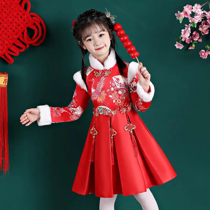 New children\'s spring and autumn winter clothing Hanfu children\'s ancient costume plus cotton dress baby Tang suit red dress