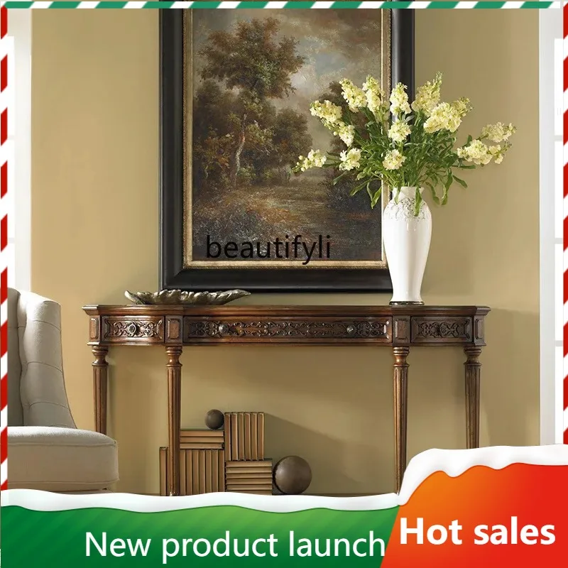 

F56 French Style Solid Wood Entryway Console Table Hallway Wall-Mounted Decorative Cabinet Ultra-Narrow Sideboard American Retro