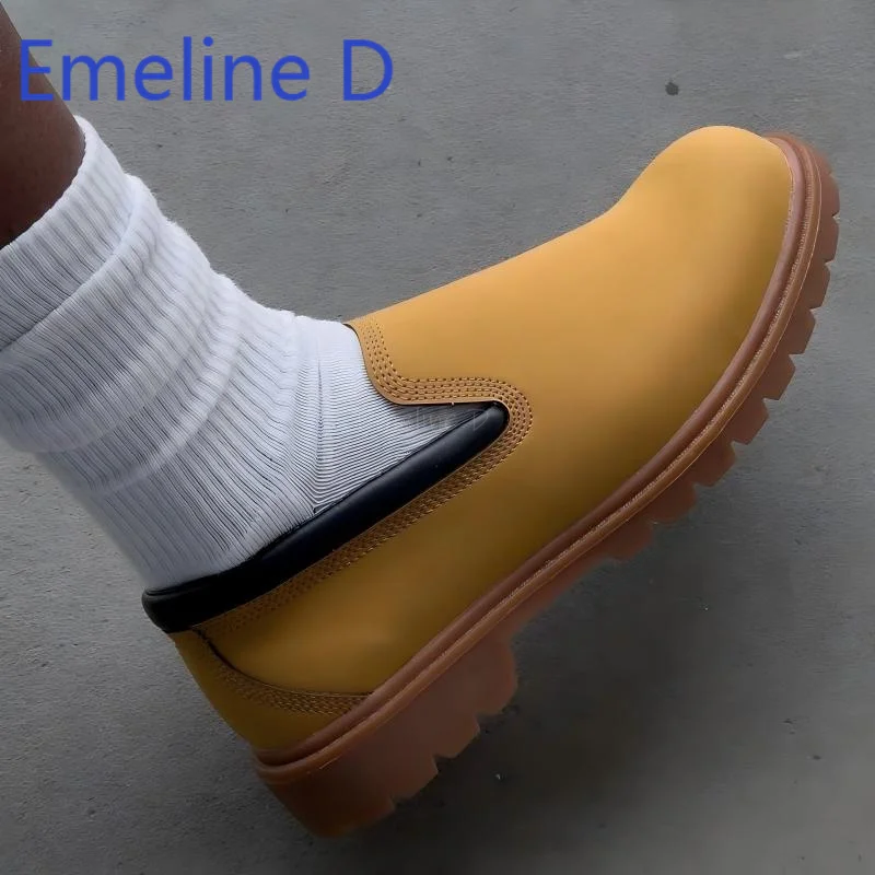 

Yellow Leather Thick Soled Derby Shoes Round Toe One Foot Kick Loafers, Fashionable Retro Daily Commuting Casual Flat Shoes