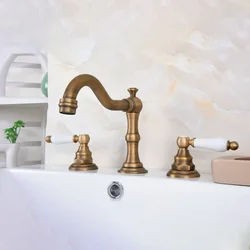 Basin Faucets Antique Brass Deck Mounted Widespread Bathroom Sink Faucets 3 Hole Double Handle Hot And Cold Water Tap tan073