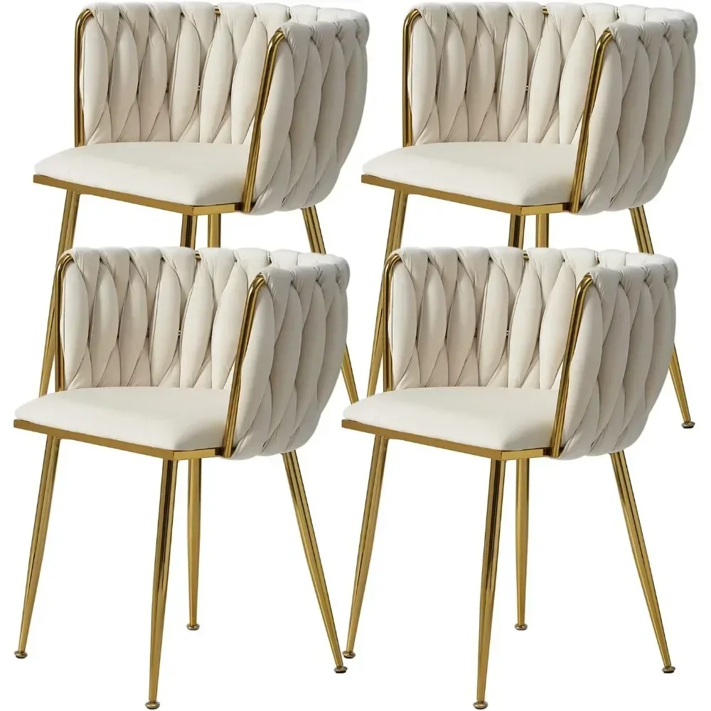 Velvet Dining Chairs, Modern Dining Chair with Golden Metal Legs, Woven Upholstered for Dining Room, Kitchen, Vanity