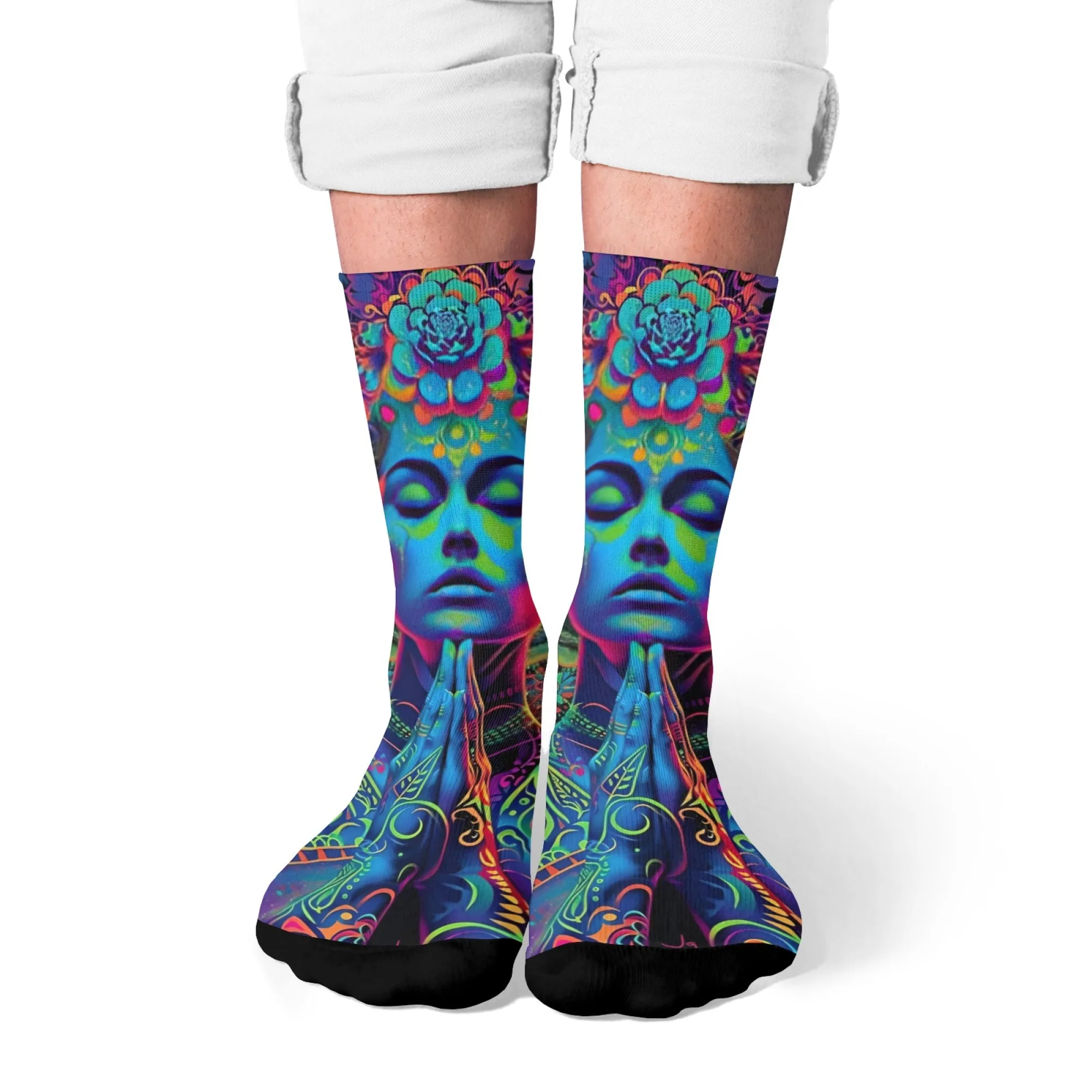 Bunte künstlerische florale Damen-Crew-Socken mit betender Figur und psychedelischen Elementen als Geschenk für spirituelle Kunstliebhaber und Galerie