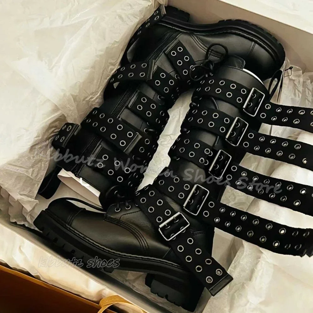 Rider Boots Knee High Roman Style Rivets Thick Bottomed Belt Buckle Spaghetti Strap Fashion Sexy Genuine Leather Women Shoes New