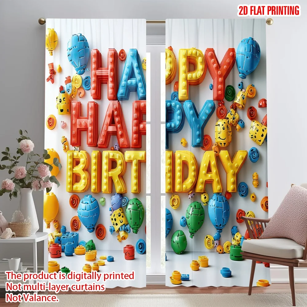 

2D flat printing 2pcs Curtains Birthday Celebration Balloons Digital Printed Polyester Drapes Festive Holiday for New Year