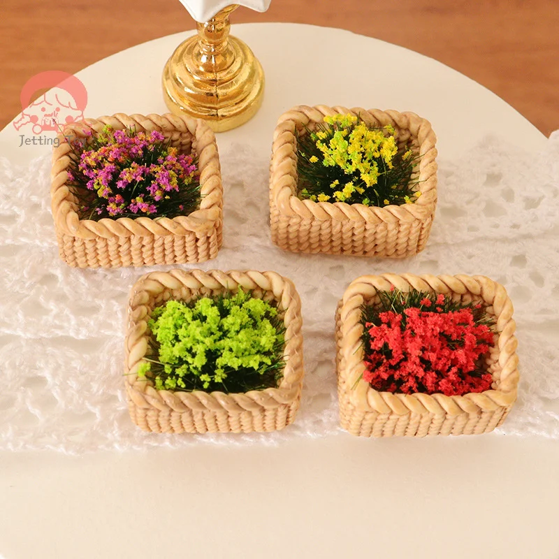 1:12 Dollhouse Miniature Bamboo Weaving Flower Basket Plant Ornament Mini Green Plant Flowers Pot Potted Garden Home Model Decor