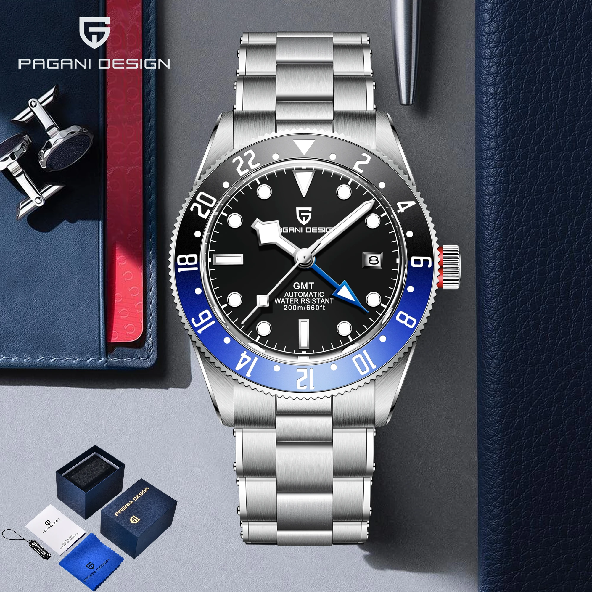 2025 جديد PAGANI DESIGN GMT ساعات رجالية فاخرة ساعات آلية للرجل ساعات المعصم التلقائية الياقوت مرآة ساعة مع صندوق