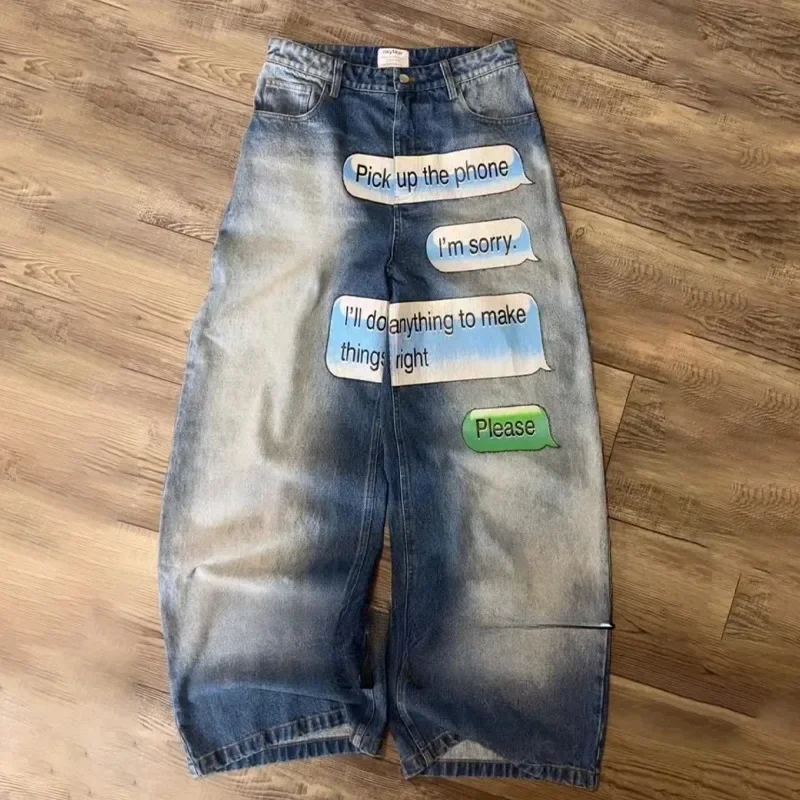 

Y2K men Jeans American Pattern letter jeans 2000s vintage Harajuku gothic fashion Hip Hop men women aesthetic Daily Streetwear
