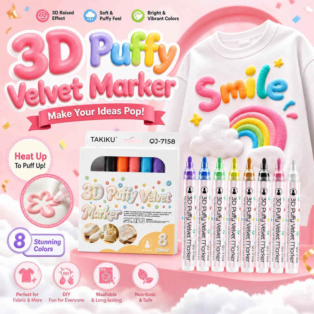 8 Colors of 3D Plush Markers That Become Fluffy When Heated, Bring Your Ideas to Life, Suitable for Cloth Shoes, Cloth Bags, Fabrics, and Other Materials