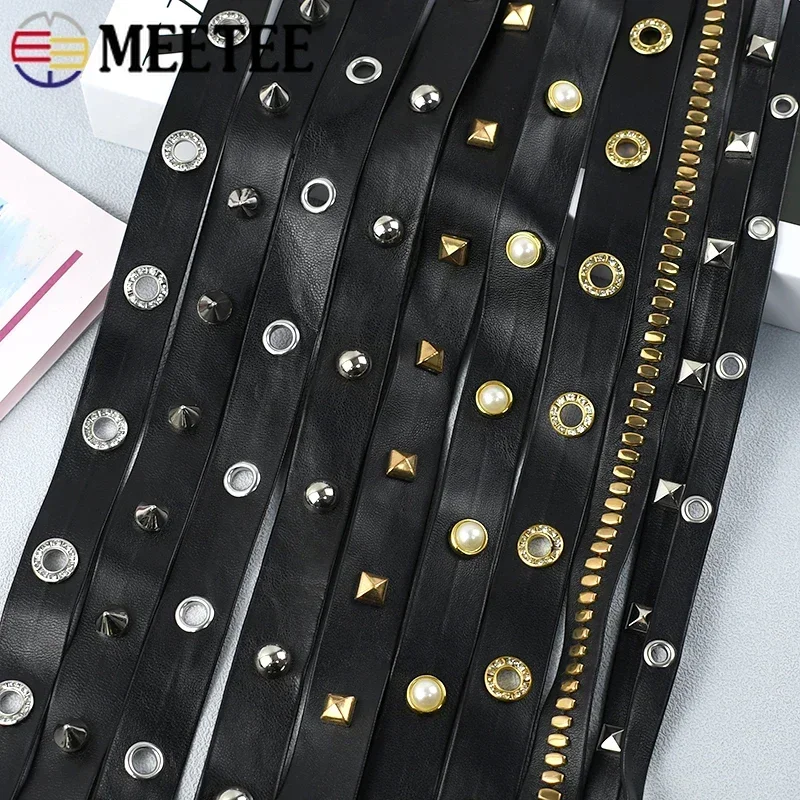 2/4M Meetee 10/15/20mm Rivet PU Leather Ribbons Sewing Bag Strap Eyelets Band Rope Collar Decor Cord Garment Material Accessory