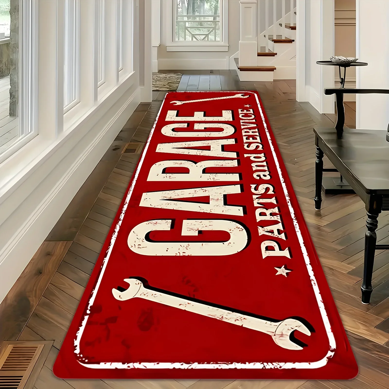 Red Garage Parts and Service Entrance Runner Rug with Wrench Graphic for Workshop or Man Cave Decor