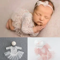 Newborn Photography Props Costume Clothing Baby Photo Lace One-piece Girl Photography White Pearl Skirt Boys Romper Suit