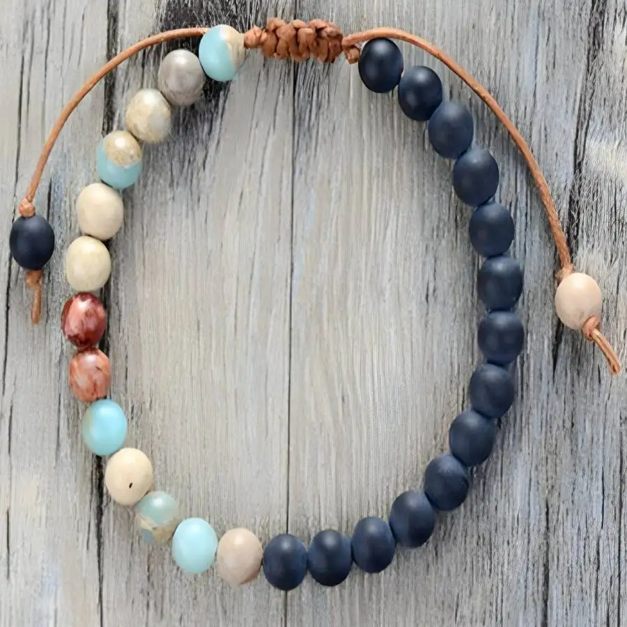 

8mm Natural Matte Black Onyx Bead Bracelet Men's Amazonite Adjustable Leather Wristband