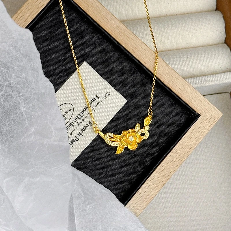 Fashion Rose Flower Zircon Necklace for Women 18 K Gold Color Chain for Women Bride Wedding Engagement Anniversary Jewelry Gifts