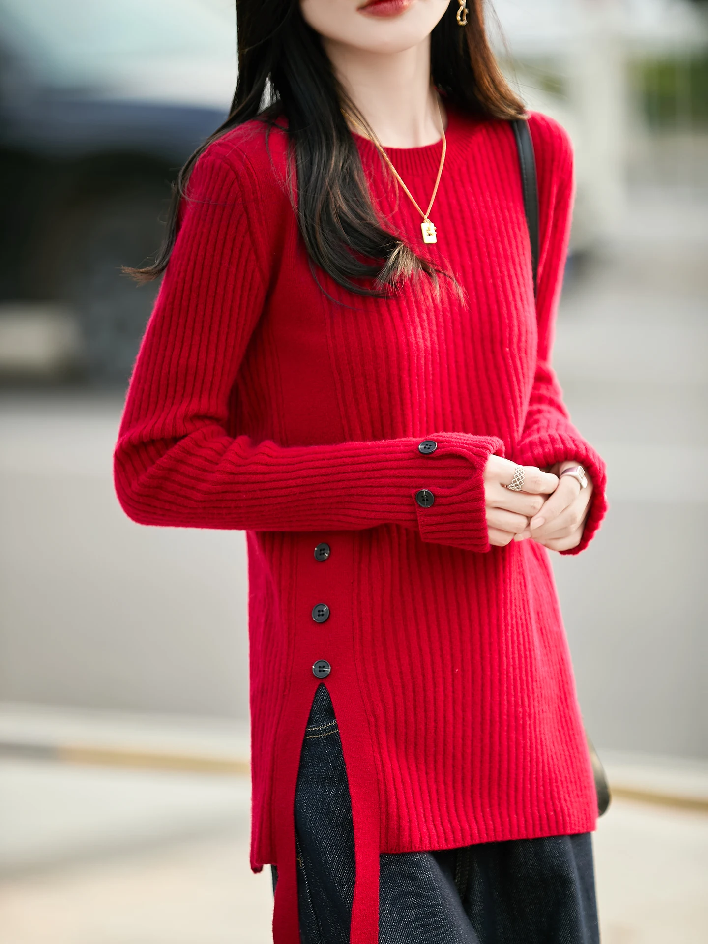 100% Merino Wool Sweater Side Split Tie Women's Round Neck Pullover Sweater Drawstring Slimming kKnitted Sweater Fashion Korean