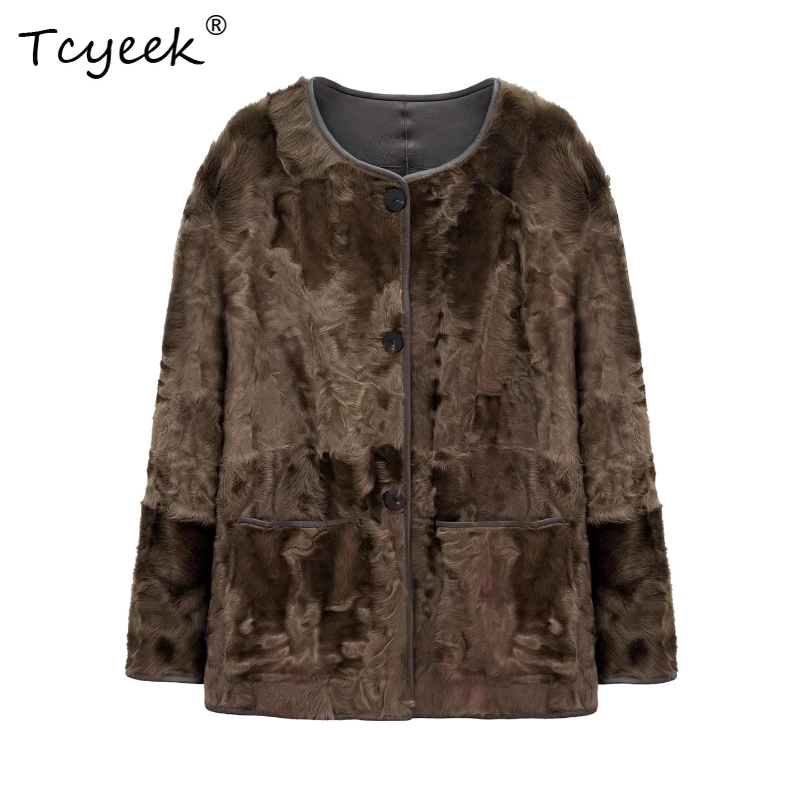 

Tcyeek Genuine Wool Autumn Winter High End Trendy Wear Solid Color on Both Sides Medium Length Women's Wool Shearling Fur Coat