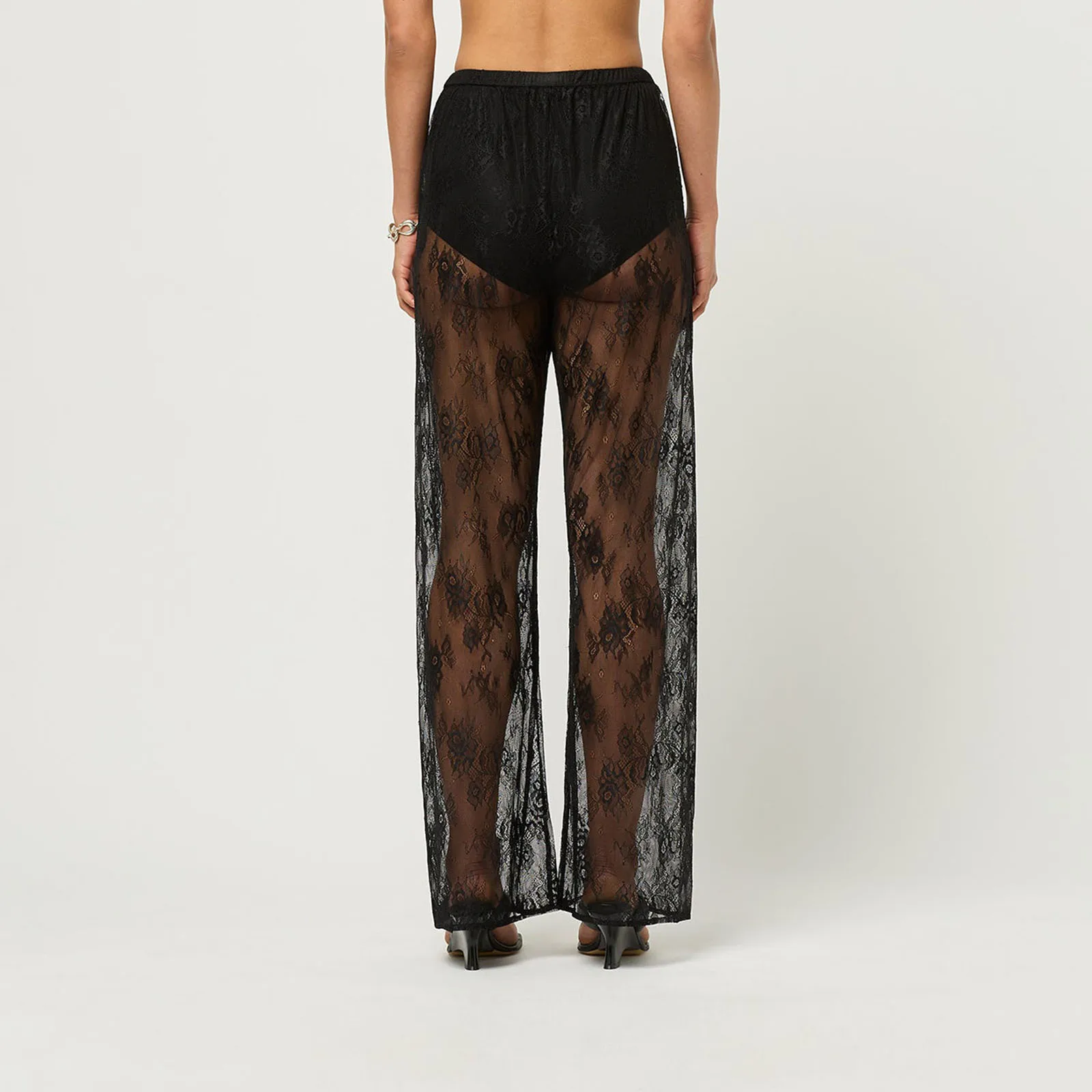 Pantalon en dentelle pour femmes, transparent, taille élastique, jambes droites, long, décontracté, été