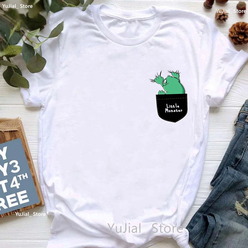 Kawaii Rabbit/Monster/Bee/Panda/Giraffe/Lion/Mouse Pocket Print T Shirt Women'S Clothing Funny White Tshirt Femme Harajuku Shirt