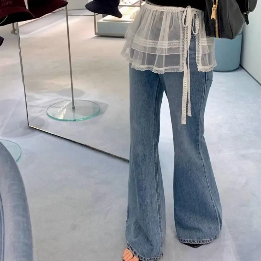 New Embroidered Flower Lace Mini Skirt Y2K Streetwear See Through Ruched Skirts Harajuku Butt Curtain Jeans Decoration
